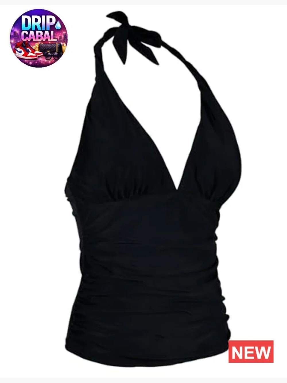 Tankini Bathing Suit Plunging V Neck Halter Swim Top Shirred Tummy Control Top
